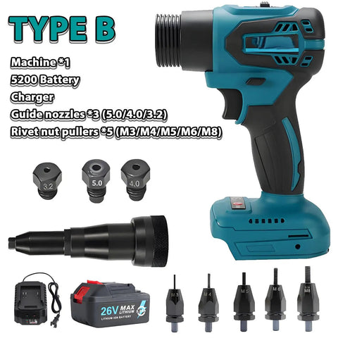 26V Brushless Cordless Rivet Gun Electric Blind Riveter Tool Kit Dual Use All In One with accessories