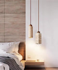 Yellow Travertine Pendant Light In Nordic Wabi Sabi Style, Cylindrical E27 Ceiling Fixture With Adjustable Height In Bedroom Setting
