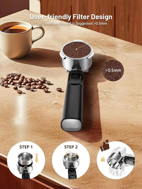 User-friendly filter design for 20 Bar Espresso Coffee Maker delivering smooth barista shots at home.