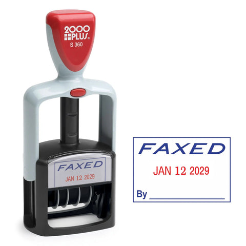 Top Tier Self Inking Double Color Word Dater Stamp With Smooth Blue And Red Cartridge Ink Pads Quick Month Day Year Adjustments For Faxed Forms Or Daily Business Paperwork Making Approval A Slick No Brainer Operation, showing 'FAXED' and date.