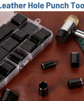 52 Shapes Leather Hole Punch Set With Hollow Punch Dies For Belts And DIY Crafts, shown with case and mallet on leather surface.