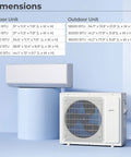 Top Shelf 30000 BTU Three Zone Ductless Mini Split Air Conditioner And Heat Pump With Advanced Inverter Technology 23 SEER2 Rating dimensions chart.