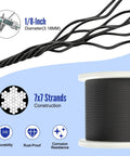 1/8-inch black stainless steel cable spool showing 7x7 strand construction for deck railing, T316 marine grade wire.
