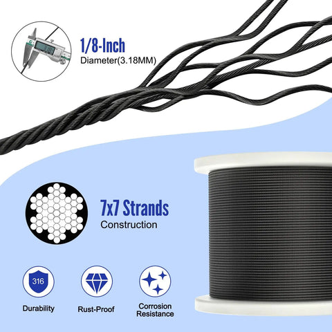 Black Stainless Steel Aircraft Cable Five Hundred Feet One Eighth Inch With Cutter T316 Marine Grade Wire Rope Seven By Seven Strand