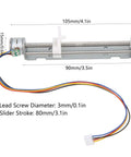 2 Phase 4 Wire Stepper Motor Linear Rail With 80mm Stroke Screw Actuator And Adjustable Slider pictured with detailed dimensions.