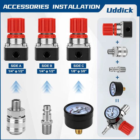 Air Compressor Pressure Regulator And Three Way Pneumatic Valve With Quarter Inch Connection Up To 180 PSI 12 Bar shown with fittings