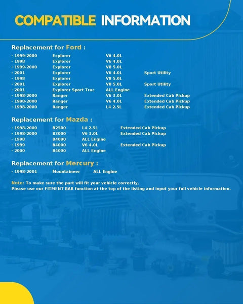 Compatibility chart for Rack And Pinion Replacement For 1998-2000 Ford Ranger B2500 B3000 B4000 And 1998-2001 Mountaineer Explorer.