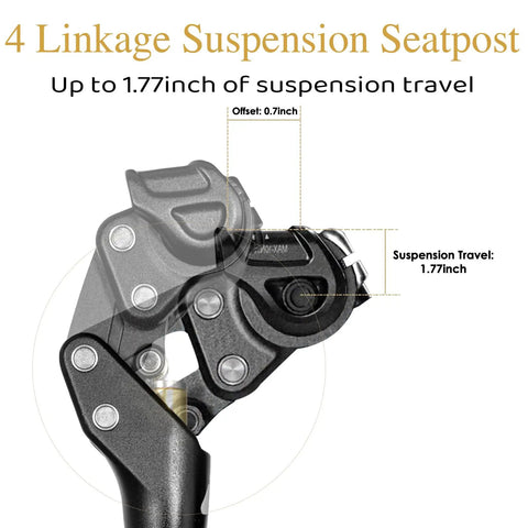 Shock Absorbing Suspension Seatpost With Four Bar Linkage For MTB Gravel Road And E-Bikes, 45mm Travel, close-up view