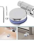 Premium Glass Door Hinge With 180 Degree Fixed Clamp For Frameless Showers And Kitchen Cabinets showing sturdy silver finish and components.