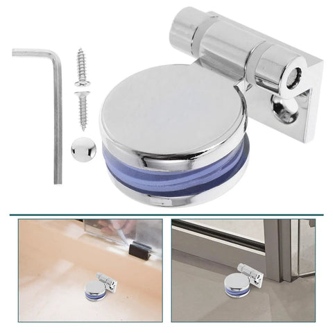 Premium Glass Door Hinge With 180 Degree Fixed Clamp For Frameless Showers And Kitchen Cabinets showing sturdy silver finish and components.