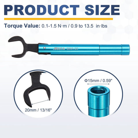 Pro Grade RF Connector Torque Wrench With 20mm Opening, Thirteen Sixteenth Inch, Adjustable 0.9 To 13.5 Inch Pounds (0.1 To 1.5 Nm), Alloy Steel And Aluminum Body, Portable Pro Wrench For Industry Pros, Blue. 20mm head and 15mm body shown