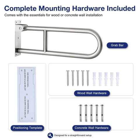 Complete mounting hardware for Foldable Toilet Grab Bar 24 Inch Stainless Steel Handrail heavy duty installation.