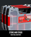 Front view of three-pack small parts organizer with ten compartments and removable dividers, secure latch lids for sturdy stacking.