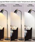Three Color Temperature Floor Lamp With Adjustable Head And Energy Efficient Nine Watt LED Bulb Included For Living Room Bedroom Office Farmhouse Modern Standing Task Lighting For A Cozy Vibe showing warm, natural, and cool light settings.