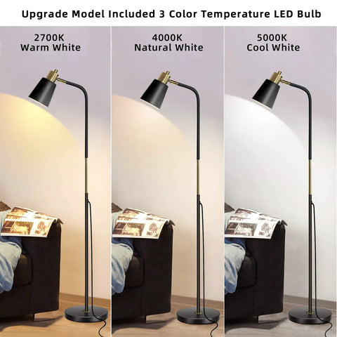 Three Color Temperature Floor Lamp With Adjustable Head And Energy Efficient Nine Watt LED Bulb Included For Living Room Bedroom Office Farmhouse Modern Standing Task Lighting For A Cozy Vibe showing warm, natural, and cool light settings.