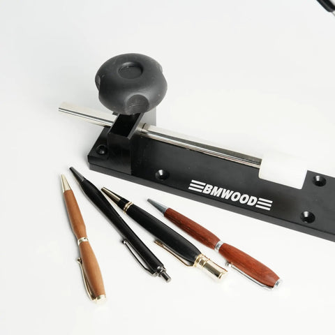 Pen Assembly Press With Adjustable Assembly Rod For Woodturning Lathe Pen Making next to crafted pens, 30 Pound Press shown