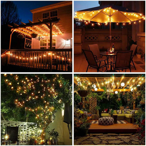 Outdoor spaces illuminated by Globe String Lights 60 LED Battery Operated With Remote 26ft Waterproof Indoor Outdoor Fairy Lights.