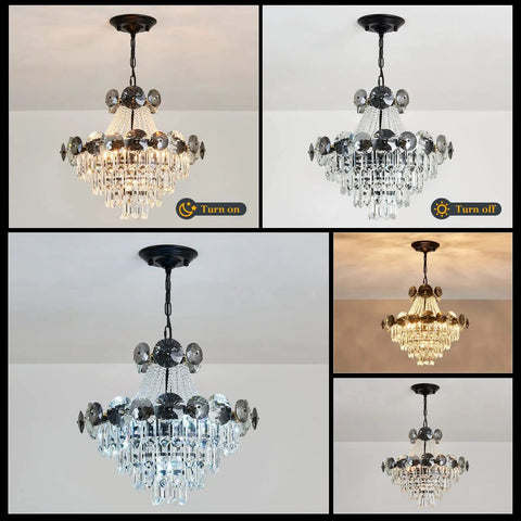 Lit and unlit styles of Black Crystal Chandelier With Seven Light Pendant Ceiling Fixture Dimmable E14 Compatible For Dining Room