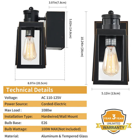 GFCI Porch Light With Dusk To Dawn Motion Sensor Breezy Rustproof Outdoor Lighting Fixture showing size and technical details