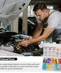 Snap Up This Solid 120 Piece Car Mini Fuses Assortment Kit With Fuse Tester And Puller Tool Covering 2A To 35A Amps Universal Blade Format For Quick Fixes Keeping Your Daily Ride Cruising Smooth Without Any Hassle, man working on car engine.