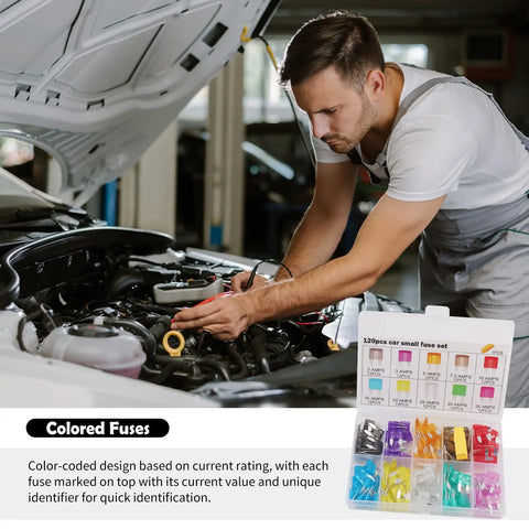 Snap Up This Solid 120 Piece Car Mini Fuses Assortment Kit With Fuse Tester And Puller Tool Covering 2A To 35A Amps Universal Blade Format For Quick Fixes Keeping Your Daily Ride Cruising Smooth Without Any Hassle, man working on car engine.