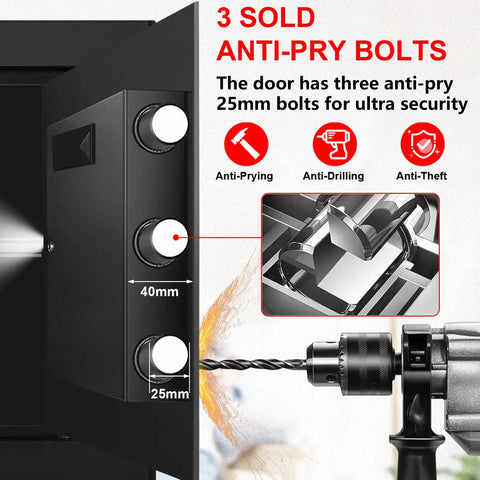 Image showcasing 3 anti-pry bolts of the 1.3 Cu Ft Fireproof Safe For Home Use Compact Anti Theft Safe with water resistance.