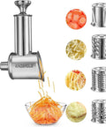 Stainless Steel Slicer Shredder Attachment for KitchenAid Mixers Cheese Grater and Food Slicer Accessory Durable 6.9 by 5.4 Inch Size Easy Install Pro Grade High Efficiency Perfect for Home Cooks showcasing blades and grated food.