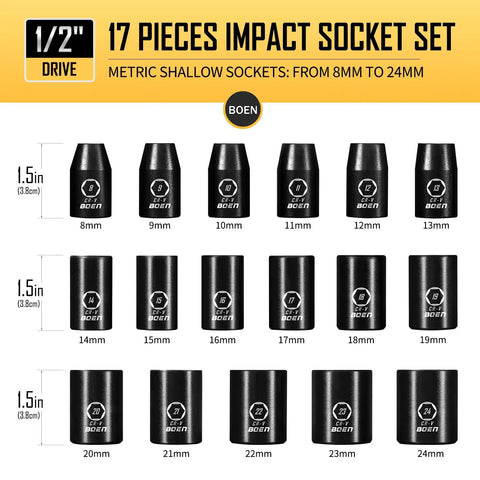 Half Inch Drive Shallow Impact Socket Set, 17 Piece Metric Range 8mm To 24mm, 6 Point Design, CR V Steel Display