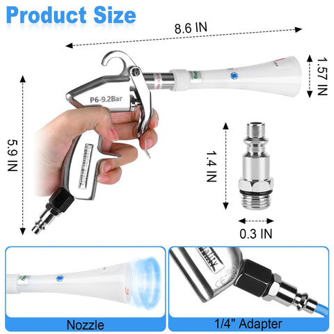 Car Cleaning Gun High Pressure Air Blower For Interior Detailing Dry Air Tool dimensions with nozzle and adapter