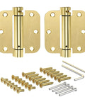 Self Closing Door Hinges With Spring Loaded Auto Close Brass 3.5 Inch Radius Five Eighths Inch Adjustable Tension Easy Install For Interior And Exterior Doors Ideal For Home Office Garage 2 Pack with screws and tools visible.