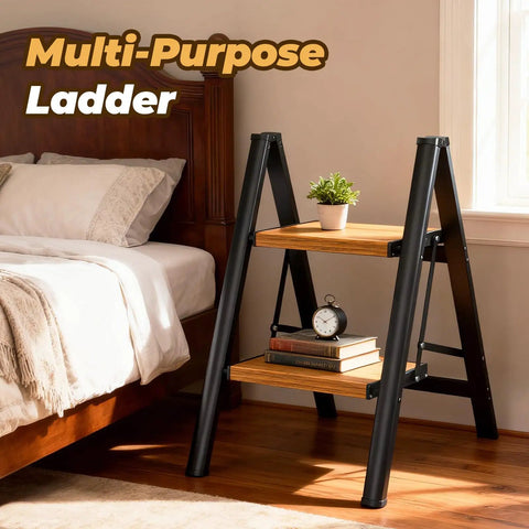 Slick Lightweight Aluminum Folding Step Ladder With Wide Pedals And Anti Slip Design 2 Step Stool For Home And Garage Compact Portable Reach Tool Safe Stable Elevated Access Easy Open And Close Durable Non Slip Feet used as bedside shelf in bedroom