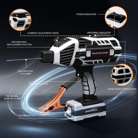 Portable Handheld Arc Welder Gun With IGBT Inverter, 110V, 120 Amp, Lightweight 3.9 Lb, Compact 9.8 By 10 Inch, side view