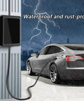 Heavy Duty Outdoor Electric Vehicle Charging Station Floor Stand with EV charger in rain, showcasing galvanized steel and weatherproof design.