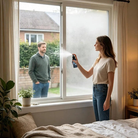 Woman applying Window Frosting Spray 30ml Anti-Glare Translucent Privacy Agent on window for privacy.