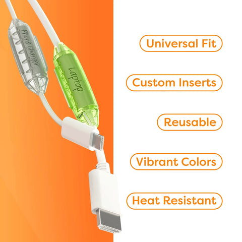 Effortless Cord And Cable Identification System with vibrant label tags for organizing network cables and power cords.