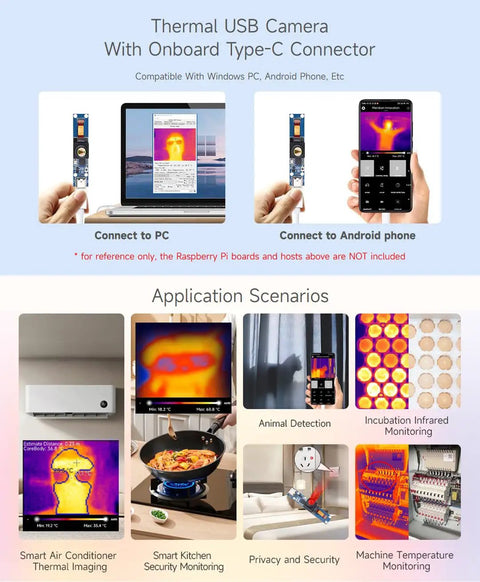 Thermal USB camera with Type-C connector shown connected to PC and Android phone with application scenarios.