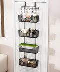 Rock Solid Over The Door Organizer With Four Roomy Metal Baskets And Adjustable Coat Hook For Bathroom Kitchen Pantry Closet Storage Rack featuring a black mesh design, mounted on a door.