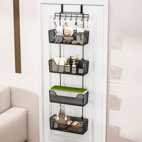Rock Solid Over The Door Organizer With Four Roomy Metal Baskets And Adjustable Coat Hook For Bathroom Kitchen Pantry Closet Storage Rack featuring a black mesh design, mounted on a door.