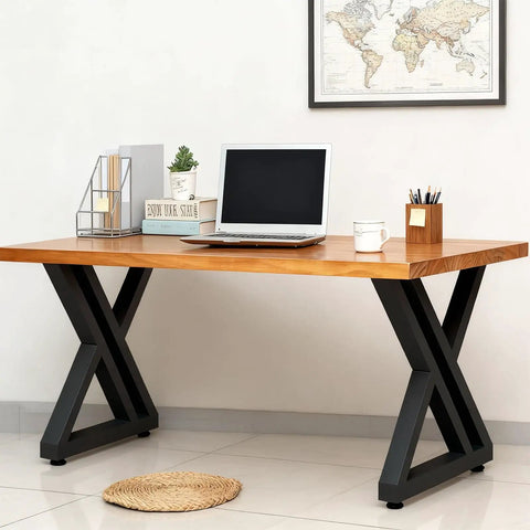 Desk with heavy duty black metal table legs set of 2, 28 inch high T-shape iron for DIY dining tables and desks, modern look