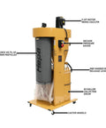 Single-unit cyclone dust collector with 1 micron HEPA filter, 3 HP, 230V single phase, integrated drum vacuum lines. 