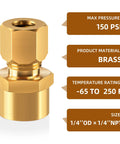 Brass straight compression tube fitting; 1/4" OD x 1/4" NPT female connector.
