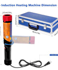 Pro 1100 Watt Induction Bolt Heater Set Features dimensions showing heating machine and transport bin with power cord.