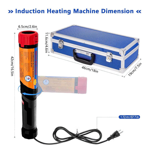 Pro 1100 Watt Induction Bolt Heater Set Features dimensions showing heating machine and transport bin with power cord.