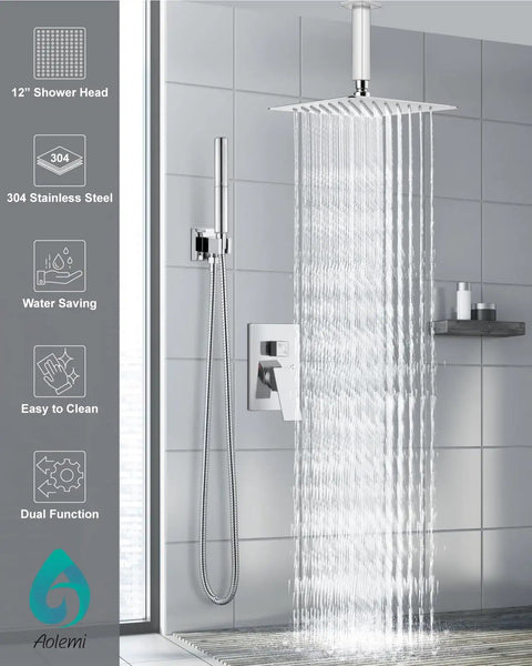 Ceiling Mount Shower System With Rain Showerhead And Handheld Spray High Pressure Chrome Finish 12 Inch Includes Rough In Valve And Trim Kit