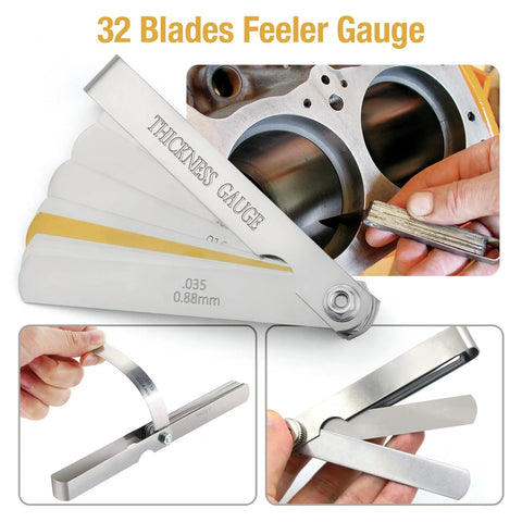 Julaiwy piston ring squaring tool with 32-blade feeler gauge; metal construction and adjustable blades.