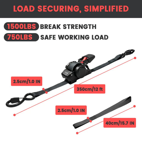 Heavy Duty Self Retracting Ratchet Straps 1 Inch Wide 12 Feet Long With 1500 Lb Break Strength tangle free design with dimensions