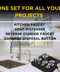 Front view of a chrome kitchen faucet beside a 10-piece diamond hole saw drill bit set with guide on a black mat