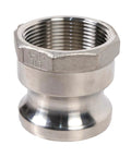 Close-up of Two Pack Heavy Duty 1 5 Inch Camlock Fittings Solid 316 Stainless Steel Quick Connect Hose Couplers with female NPT threads.