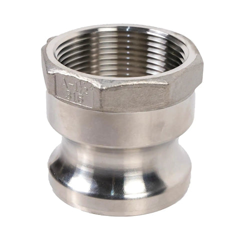 Close-up of Two Pack Heavy Duty 1 5 Inch Camlock Fittings Solid 316 Stainless Steel Quick Connect Hose Couplers with female NPT threads.
