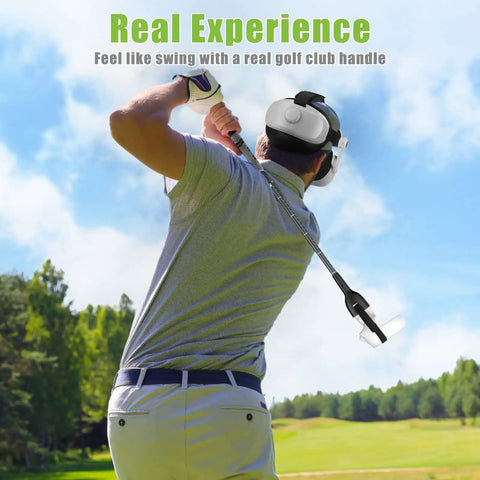 Person using Adjustable Length VR Golf Club Handle for Quest 2 Accessories with Real Golf Grip in green landscape.